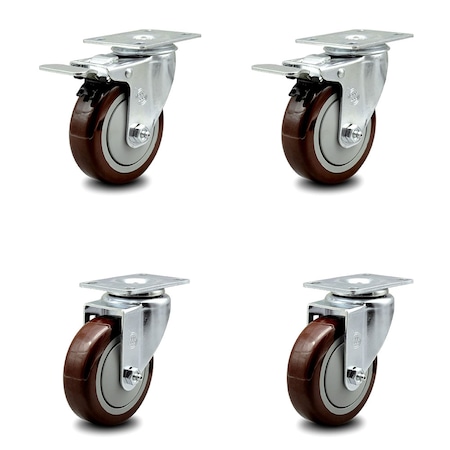Service Caster 4 Inch Maroon Polyurethane Wheel Swivel Top Plate Caster Total Lock Brakes, 2PK SCC-TTL20S414-PPUB-MRN-2-S-2